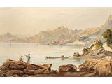 a painting of a man standing on a rock near a body of water