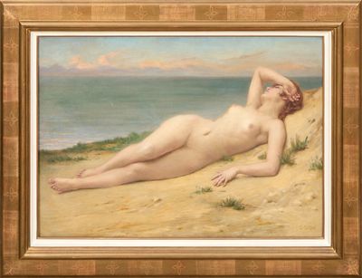 an image of a painting of a nude woman laying on the beach