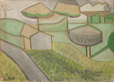 dessin représentant un tableau représentant un paysage avec une route et un arbre