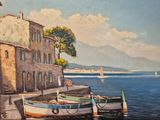 a painting of two boats in the water near a building