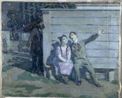a painting of a man and a woman sitting on a bench
