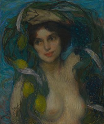 une image représentant un tableau où l'on voit une femme coiffée d'un chapeau, avec des citrons
