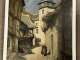 an image of a painting of a street scene with a woman walking down the street