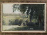 an oil painting of sheep grazing in a field with trees