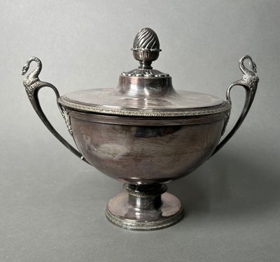 a silver bowl with a bird on top of it
