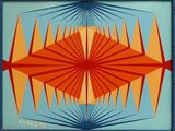peinture représentant un motif géométrique orange, bleu et rouge sur un mur bleu