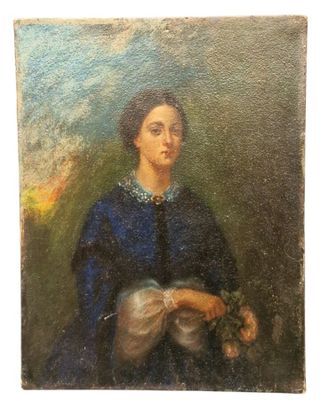un vieux tableau représentant une femme tenant un bouquet de fleurs