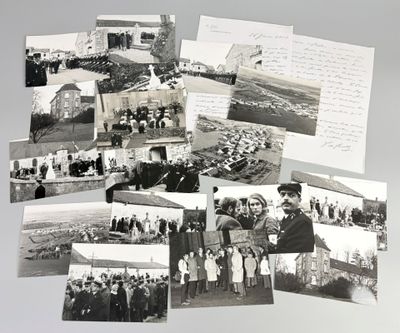 several old black and white photographs of people in a field