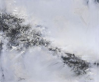 abstract painting of a tree in the middle of a snow covered field