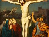 a painting of jesus on the cross surrounded by other people