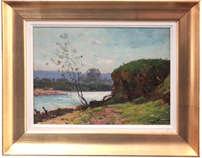 an image of a painting of a river with a tree in the foreground
