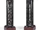 pair of chinese carved wood and iron candlesticks, 20th century