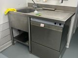 a kitchen with a sink, dishwasher, and other items hanging on the wall