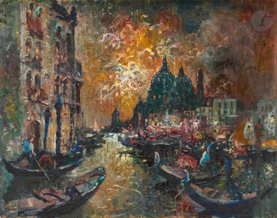painting of a painting of boats in a canal with a church in the background