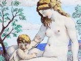 a painting of a woman and a child sitting on a rock