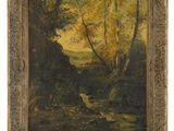a painting of a river with trees and a bird in the foreground