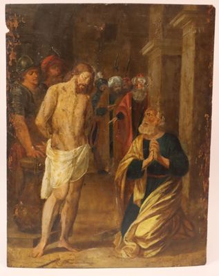 un vieux tableau représentant un homme debout à côté d'une femme dans une pièce