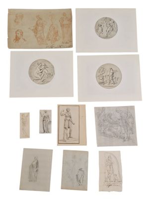 Ensemble de 11 dessins au crayon, sanguine et encre dont une…