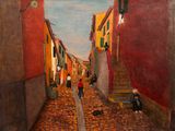 painting of people walking down a cobblestone street in an old town
