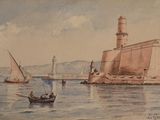 a painting of a lighthouse and a boat in the water