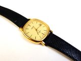 une montre en or avec un bracelet noir sur un fond blanc