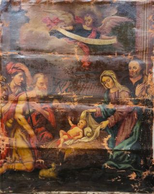 an old painting of a nativity scene with angels and a baby jesus