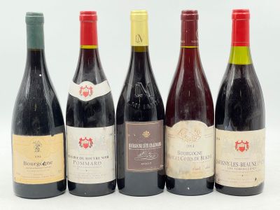 six bouteilles de vin sont alignées sur une surface blanche
