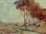 painting of a group of cows grazing in a field with trees in the background