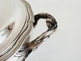 a close up of a silver plate with a spoon on it