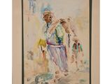 a painting of a man walking down a street with a dog