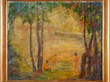 an oil painting of two people in a wooded area with trees