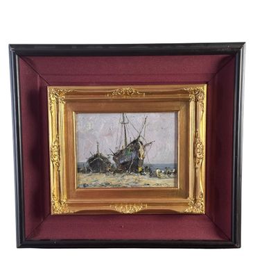 une peinture représentant un bateau sur l'eau, sur fond rouge