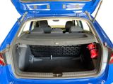 the back of a blue car with its trunk open