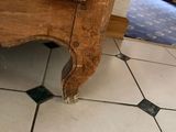 a cat that is sitting on the floor next to a table