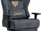 a close up of a chair with a logo on it