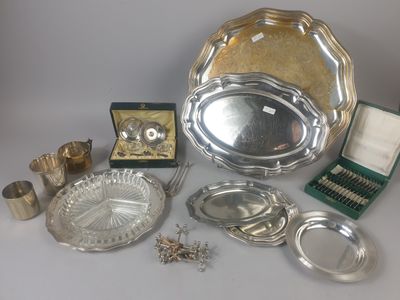 several silver plate and silverware items including a bowl, tray, spoon, and other items