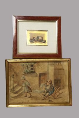 two framed paintings of a woman and a child in a room