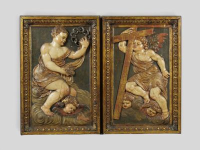 two paintings of jesus carrying the cross and a woman carrying the cross