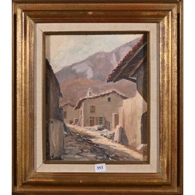 an oil painting of a village street with a mountain in the background