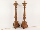 pair of antique wooden candlesticks with turned heads and turned bases