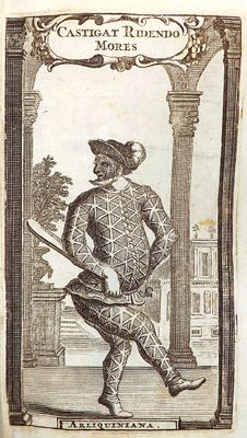 an old book with a drawing of a man holding a sword