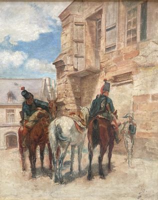 painting of three men riding horses in front of a building