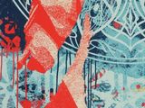 a red and blue painting of a woman holding a red umbrella