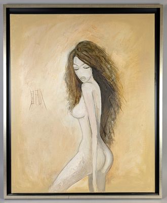 an oil painting of a nude woman with long brown hair