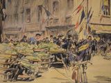 a drawing of a man on a bicycle in front of a market