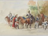 une peinture représentant un groupe de personnes à cheval