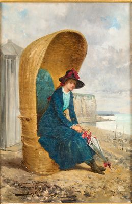 tableau représentant une femme en robe bleue et chapeau, assise sur une plage