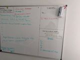 un tableau blanc sur lequel sont écrites des notes, dans un coin de la pièce