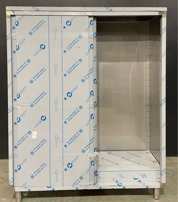 a white cabinet with a blue and white sticker on it