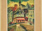 une image représentant un tableau représentant une scène de rue avec des bâtiments et une tour horloge